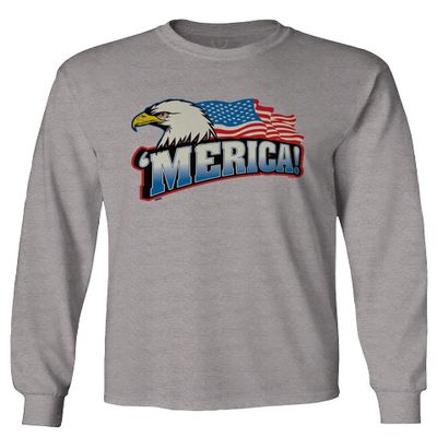 0055. Merica Eagle USA American Flag United States America Men's Long Sleeve t Shirt (Light Gray Medium)