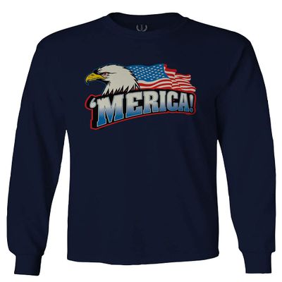 0055. Merica Eagle USA American Flag United States America Men's Long Sleeve t Shirt (Navy Blue, Large)