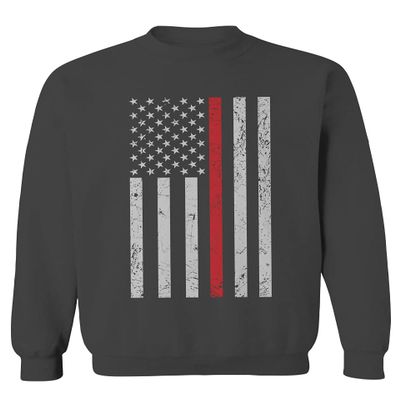 0059. American Flag Thin Red Line Firefighter Support Fireman Patriotic Style Men's Crewneck Sweatshirt (Characol X-Large)