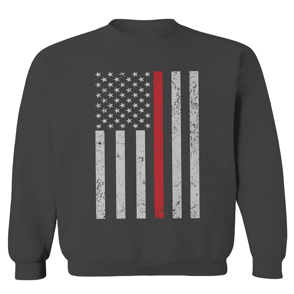 0059. American Flag Thin Red Line Firefighter Support Fireman Patriotic Style Men's Crewneck Sweatshirt (Characol X-Large)
