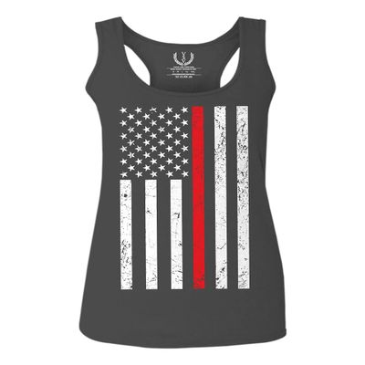 0059. American Flag Thin Red Line Firefighter Support Fireman Patriotic Style Women's Tank Top Racerback (Characol Small)