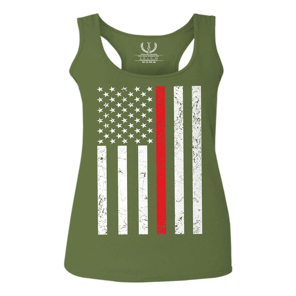 0059. American Flag Thin Red Line Firefighter Support Fireman Patriotic Style Women's Tank Top Racerback (Olive, Small)