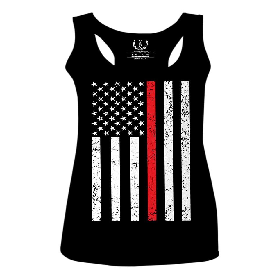 0059. American Flag Thin Red Line Firefighter Support Fireman Patriotic Style Women's Tank Top Racerback (Black, Medium)