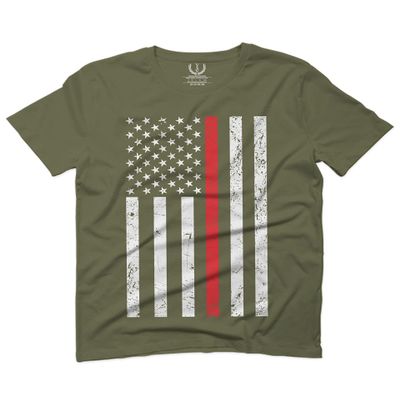 0059. American Flag Thin Red Line Firefighter Support Fireman Patriotic Style for Men T Shirt (Olive Green, 2X-Large)