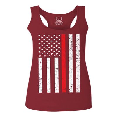0059. American Flag Thin Red Line Firefighter Support Fireman Patriotic Style Women's Tank Top Racerback (Maroon, Small)