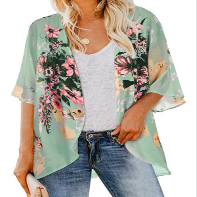 Kimonos for Women Floral Print Puff Sleeve Swimwear Cute Summer Tops(Mint,S)