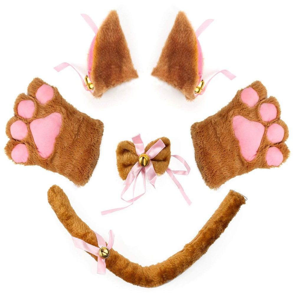 Beelittle Cat Cosplay Costume Kitten Ears Tail Collar Paws 5 Pack (Brown1)