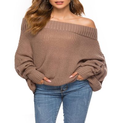 GOLDSTITCH Women's Off Shoulder Batwing Sleeve Loose Oversized Pullover Sweater Knit Jumper Khaki