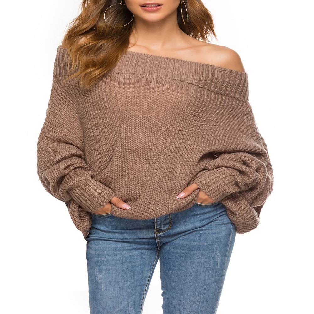 GOLDSTITCH Women's Off Shoulder Batwing Sleeve Loose Oversized Pullover Sweater Knit Jumper Khaki