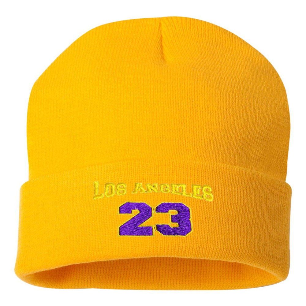 Go All Out One Size Gold Cuffed Los Angeles 23 Embroidered Cuffed Knit Beanie Cap