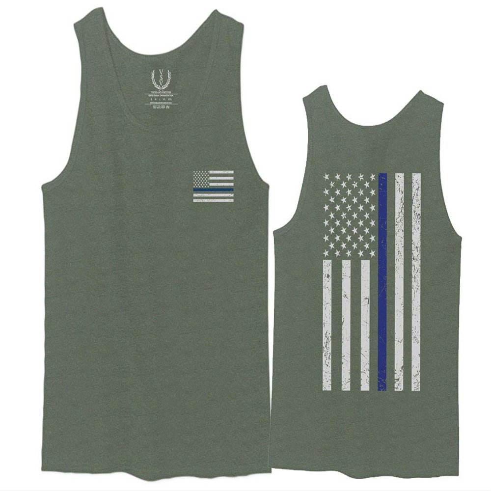 0084. American Flag Thin Blue Line Police Lives Matter Support Patriotic NY Sheriff Men's Fitted Tank Top (Olive, X-Large)