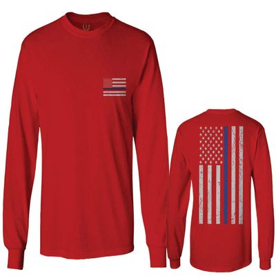 0084. American Flag Thin Blue Line Police Lives Matter Support Patriotic NY Sheriff Men's Long Sleeve t Shirt (Red, X-Large)