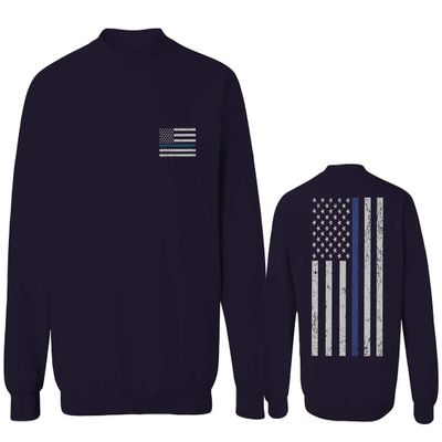 0084. American Flag Thin Blue Line Police Lives Matter Support Patriotic NY Sheriff Men's Crewneck Sweatshirt (Navy Small)