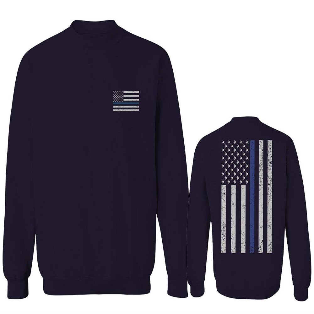 0084. American Flag Thin Blue Line Police Lives Matter Support Patriotic NY Sheriff Men's Crewneck Sweatshirt (Navy Small)