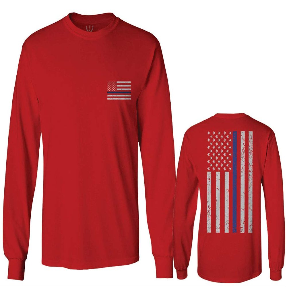 0084. American Flag Thin Blue Line Police Lives Matter Support Patriotic NY Sheriff Men's Long Sleeve t Shirt (Red, Large)