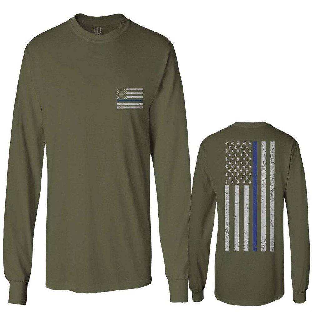 0084. American Flag Thin Blue Line Police Lives Matter Support Patriotic NY Sheriff Men's Long Sleeve t Shirt (Olive, X-Large)