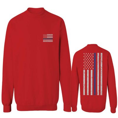 0084. American Flag Thin Blue Line Police Lives Matter Support Patriotic NY Sheriff Men's Crewneck Sweatshirt (Red, Small)