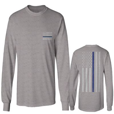 0084. American Flag Thin Blue Line Police Lives Matter Support Patriotic NY Sheriff Men's Long Sleeve t Shirt (Light Gray X-Large)