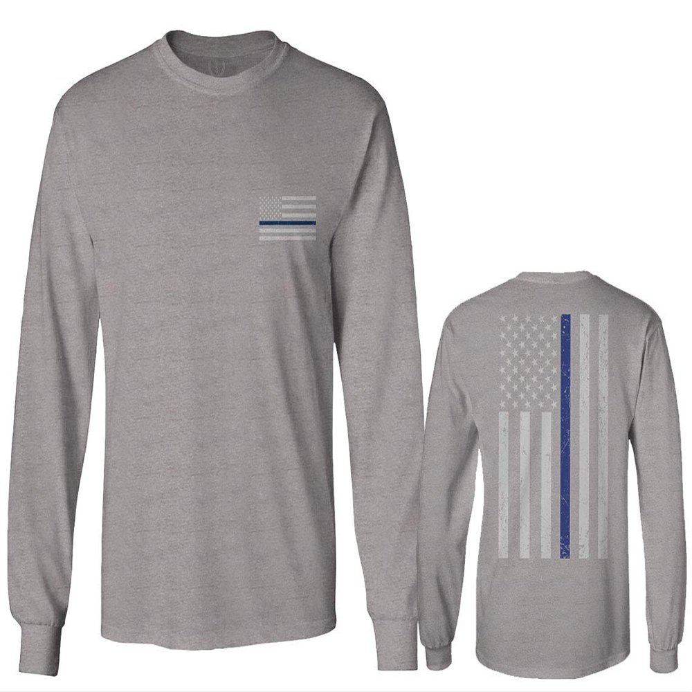 0084. American Flag Thin Blue Line Police Lives Matter Support Patriotic NY Sheriff Men's Long Sleeve t Shirt (Light Gray X-Large)