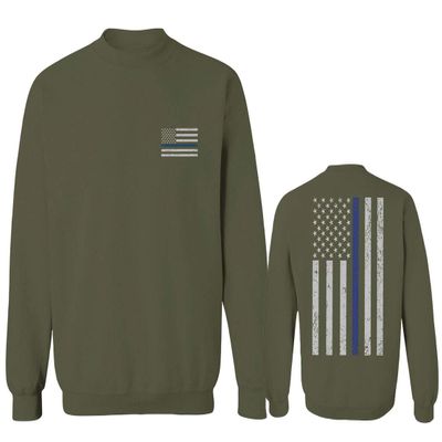 0084. American Flag Thin Blue Line Police Lives Matter Support Patriotic NY Sheriff Men's Crewneck Sweatshirt (Olive, X-Large)
