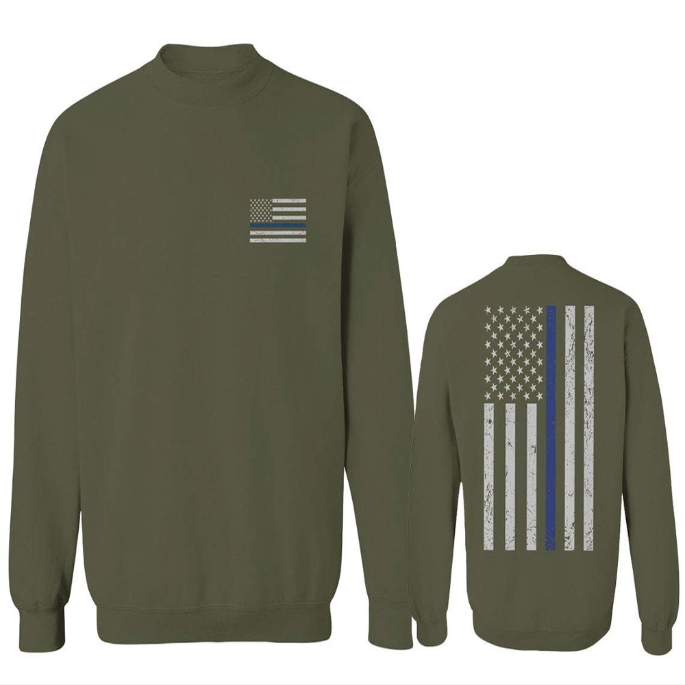 0084. American Flag Thin Blue Line Police Lives Matter Support Patriotic NY Sheriff Men's Crewneck Sweatshirt (Olive, X-Large)