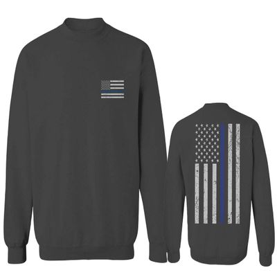 0084. American Flag Thin Blue Line Police Lives Matter Support Patriotic NY Sheriff Men's Crewneck Sweatshirt (Characol Medium)