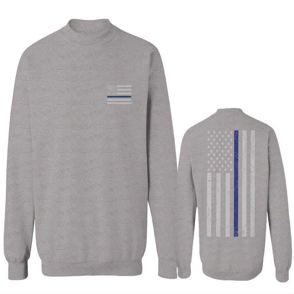 0084. American Flag Thin Blue Line Police Lives Matter Support Patriotic NY Sheriff Men's Crewneck Sweatshirt (Light Gray X-Large)
