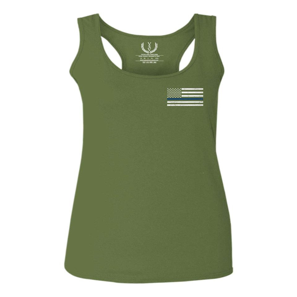 0084. American Flag Thin Blue Line Police Lives Matter Support Patriotic NY Sheriff Women's Tank Top Racerback (Olive, Large)