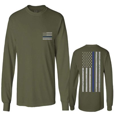 0084. American Flag Thin Blue Line Police Lives Matter Support Patriotic NY Sheriff Men's Long Sleeve t Shirt (Olive, Large)