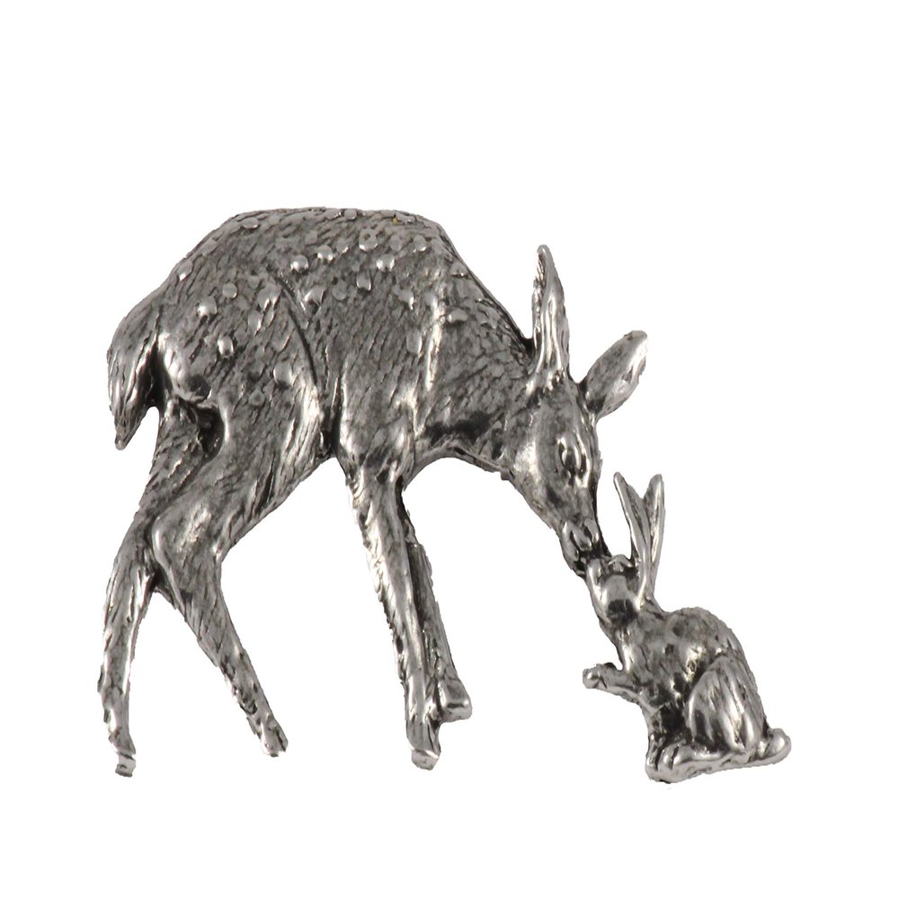 Deer with Rabbit Pin, Pewter, M024, 2 Inches, Handmade in the USA, Realistic, Deer, Rabbit, Metal, Hat Pin, Lapel Pins, Brooch, Gift, Over 3100 Wildlife Designs.