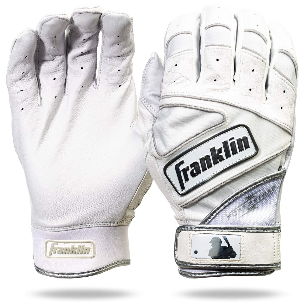 Franklin Sports MLB Batting Gloves - Powerstrap Chrome Adult Men's + Youth Batting Gloves Pair - Baseball + Softball Gear - White - Adult Large