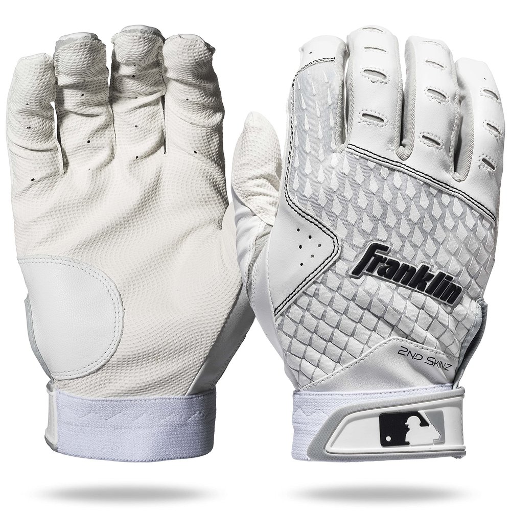 Franklin Sports MLB Batting Gloves - 2nd Skinz Baseball + Softball Batting Gloves - Adult + Youth Premium Leather Pair - White - Youth XX Small