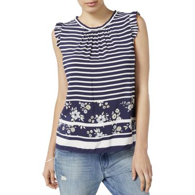 Maison Jules Womens Striped Floral Print Blouse Navy S