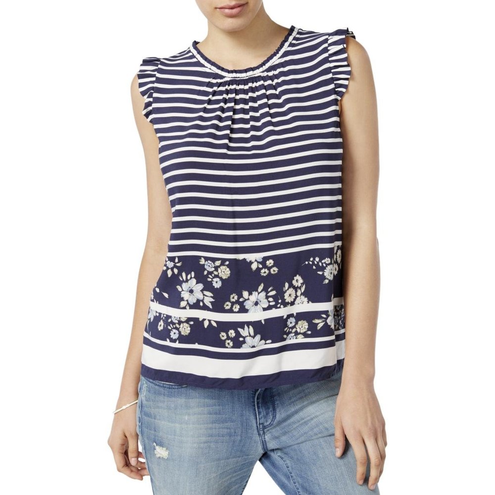 Maison Jules Womens Striped Floral Print Blouse Navy S