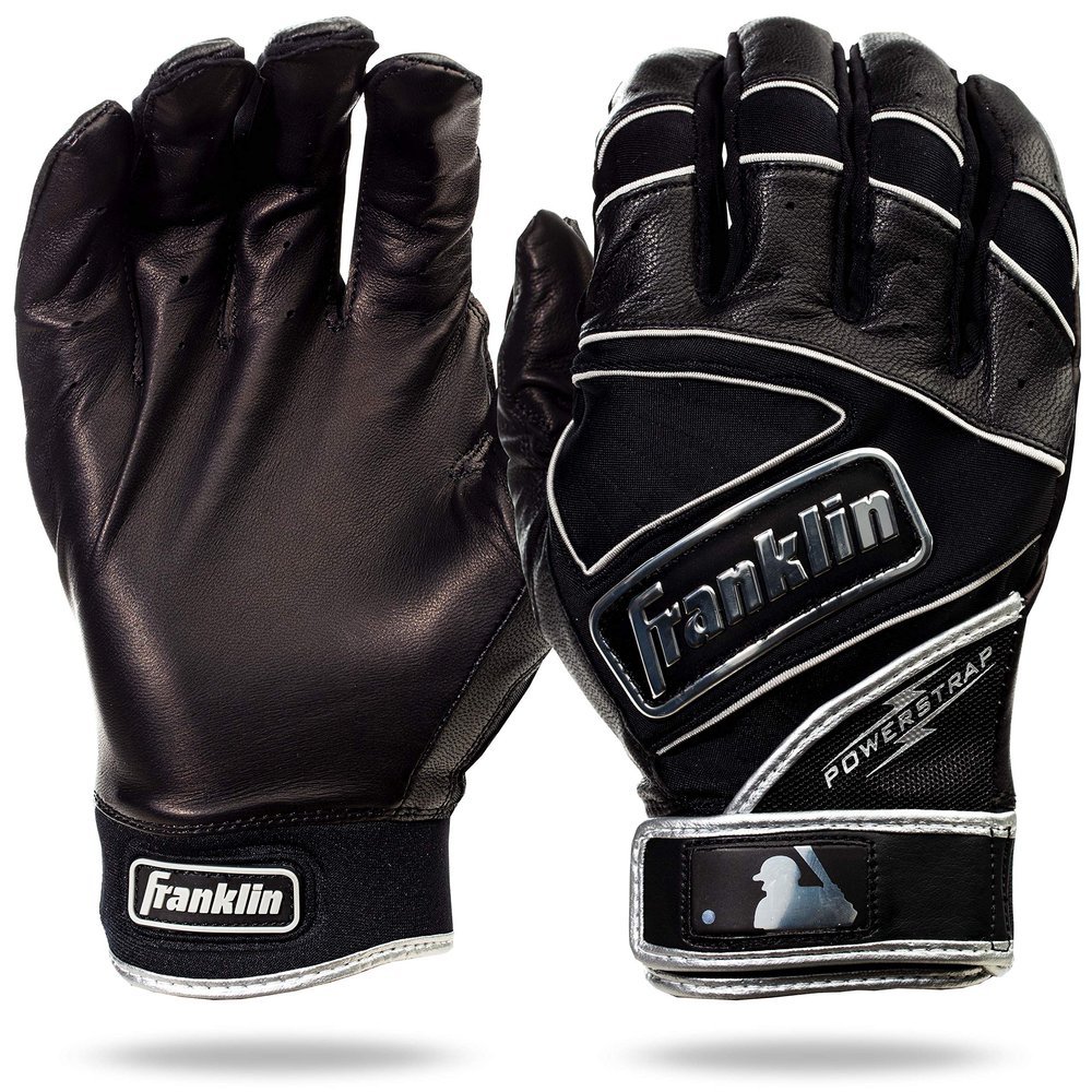 Franklin Sports MLB Batting Gloves - Powerstrap Chrome Adult Men's + Youth Batting Gloves Pair - Baseball + Softball Gear - Black - Adult Small