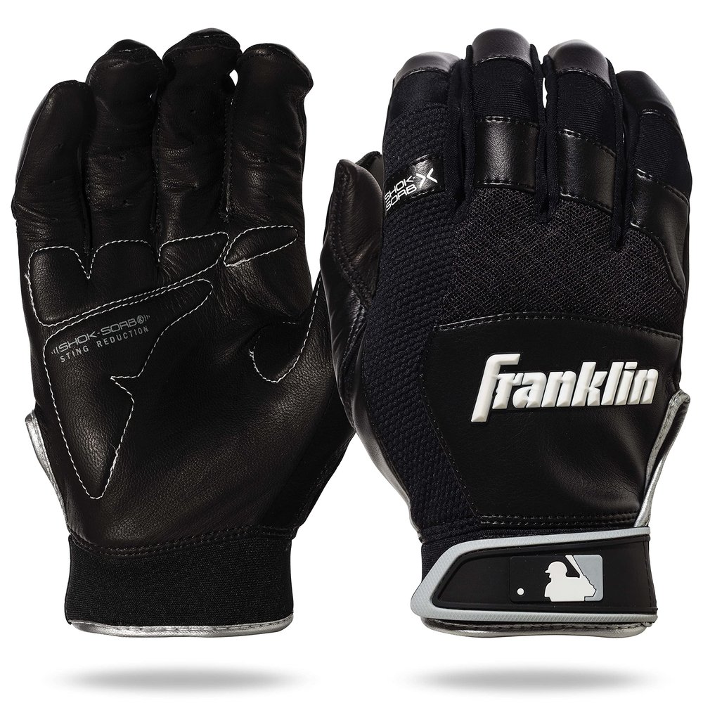 Franklin Sports MLB Baseball Batting Gloves - Shok-Sorb X Batting Gloves for Baseball + Softball - Adult + Youth Padded Non-Sting Pairs - Black/Black - Adult Small