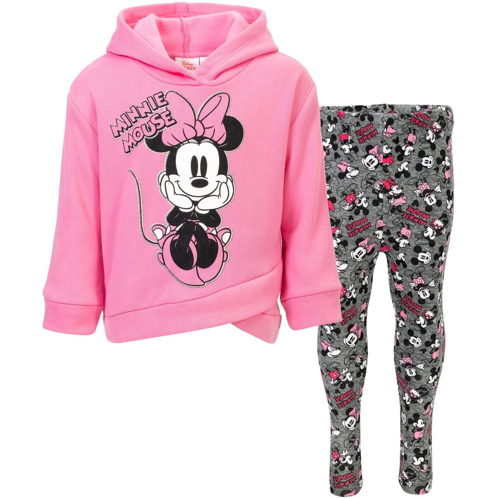 Disney Minnie Mouse Toddler Girls Crossover Fleece Hoodie and Leggings Outfit Set Pink Glitter 2T