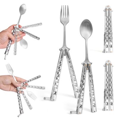Caliber Gourmet Tactical Stainless Steel Folding Butterfly Knife Style Utensil Set | Fork, Spoon & Bottle Opener | Camping, Hiking, Kitchen, BBQ, Picnic Flatware | Unique Christmas Gift