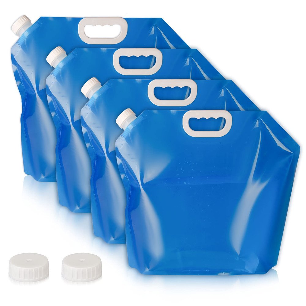 Hakkin Collapsible Water Tank Container 4 Pack 1.3 Gallon/5L, No-Leak Freezable Portable BPA Free Food Grade Plastic Storage Jug for Camping, Hiking, Travel, Emergency Survival Kit Bonus 2 Pcs Caps