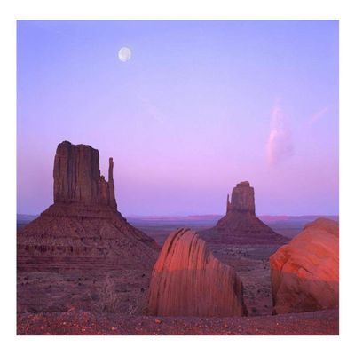 Global Gallery East and West Mittens, Buttes at Sunrise with Full Moon, Monument Valley, Arizona-Paper Art-22"x18"