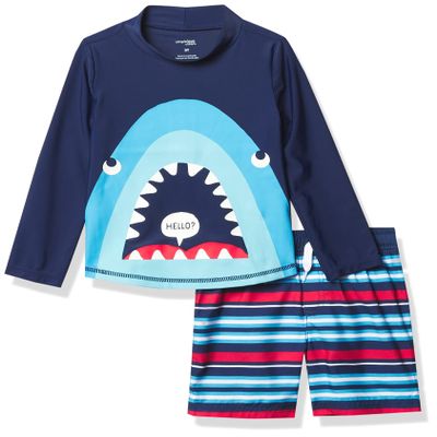 Simple Joys by Carter's Baby Boy's 2-Piece Swimsuit Trunk and Rashguard Swimwear, Blue Shark, 6-9 Months