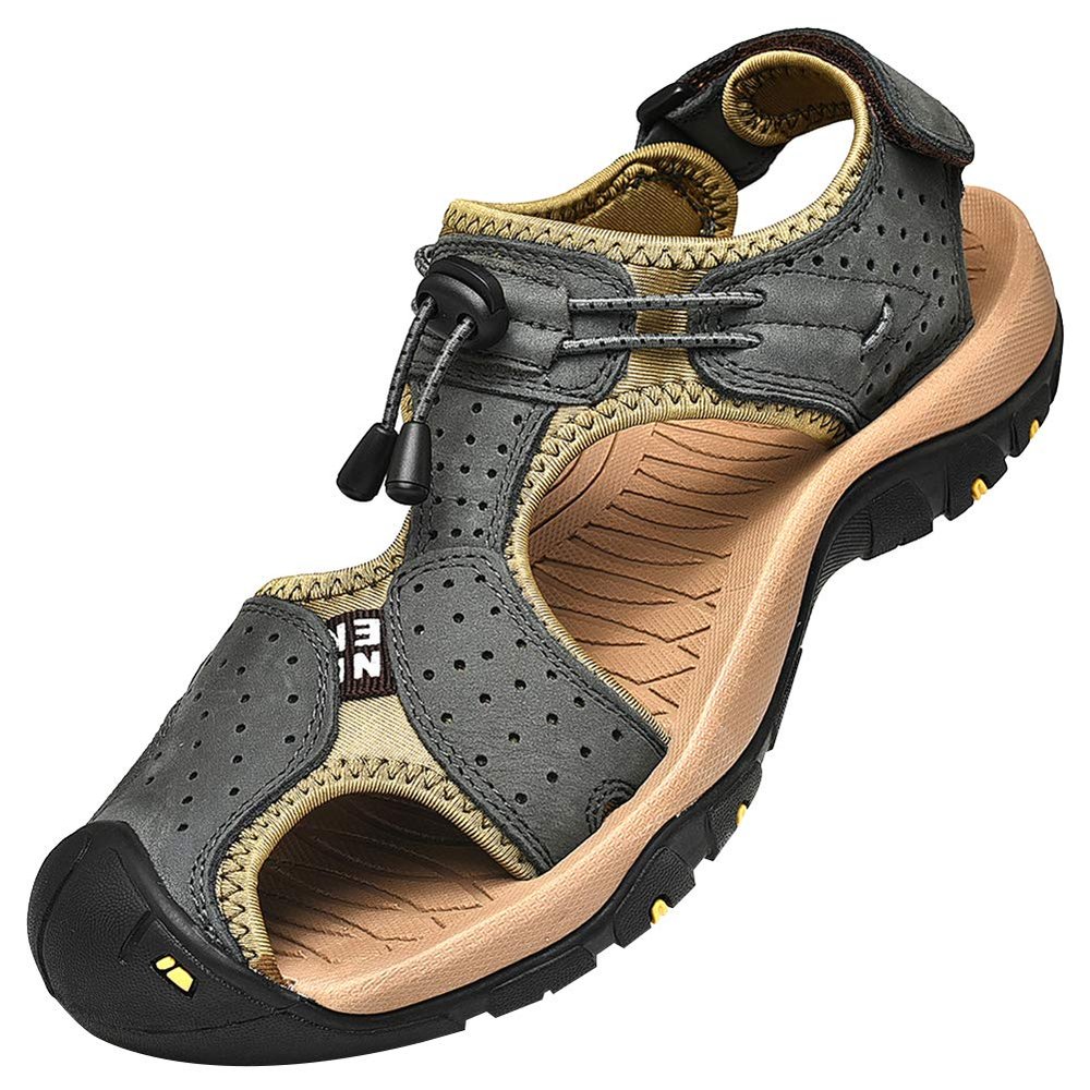 rismart Men's Closed Toe Hiking Sandals Adjustable Hook & Loop Straps Suede Leather Outdoor Trekking Shoes for Summer Walking (Deep Grey, 9)