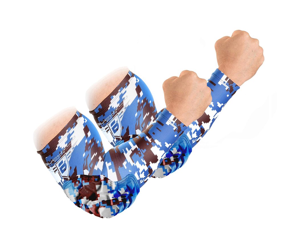 Bucwild Sports Padded Elbow Arm Sleeves for Basketball Football Volleyball Youth & Adult Size Pads (1 Pair) (Blue Camo, Adult Small)