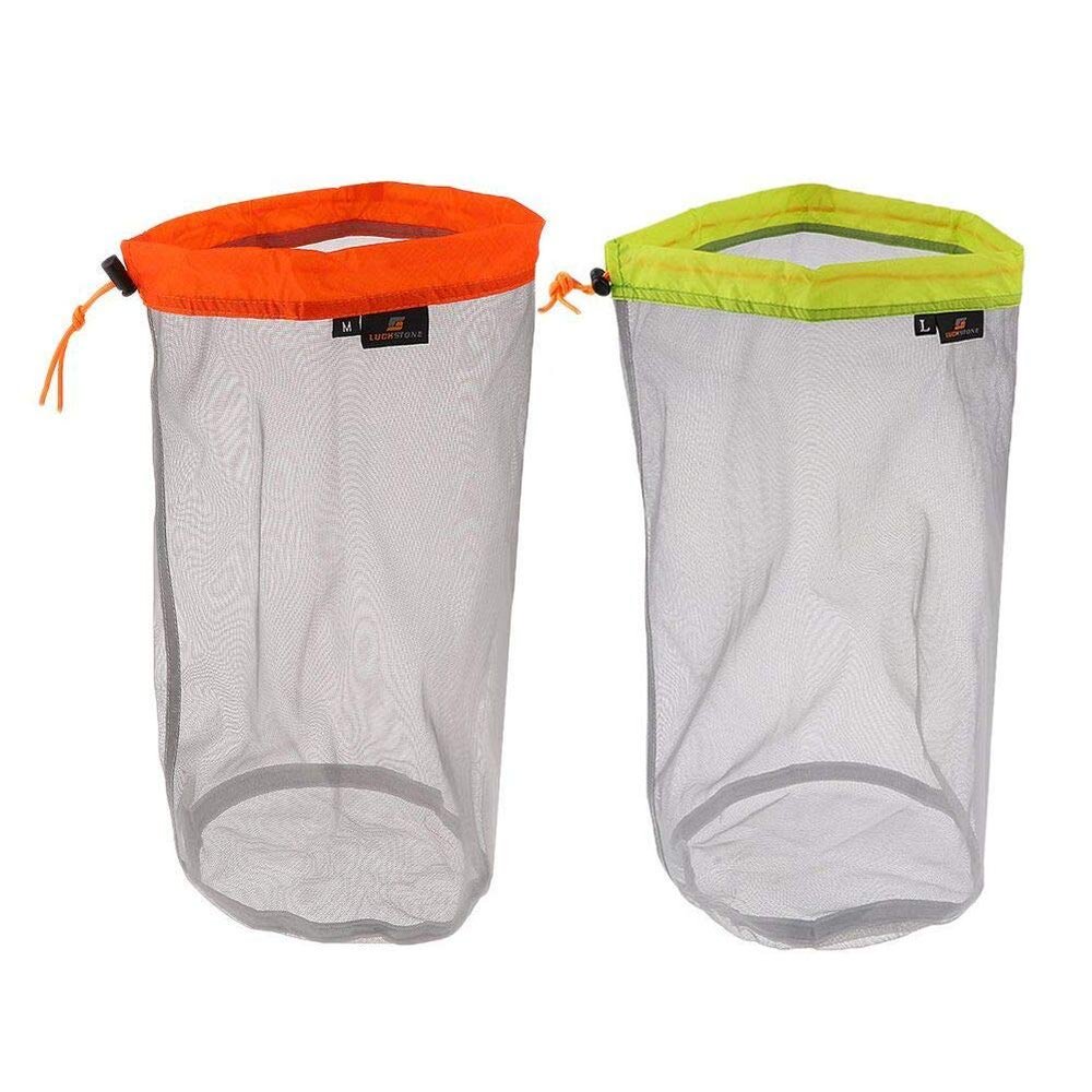 Yundxi Set of 2 Stuff Sacks Lightweight Mesh Drawstring Storage Bag Organizer Holder for Camping Hiking Travel (M Orange + L Green)