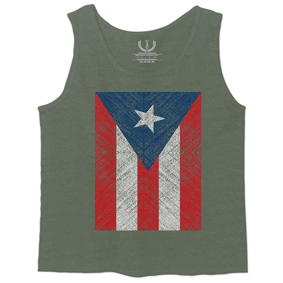 0063. Vintage Bandera Puerto Rico Flag Boricua Rican Nuyorican Men's Fitted Tank Top (Olive, Medium)