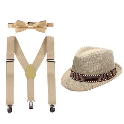 IBTOM CASTLE Boys Kids 3PCS Suspenders Outfit Set Pre Tied Bow Tie Short Trim Fedora Hat for Party Wedding Girls 5-14T Clothes Khaki