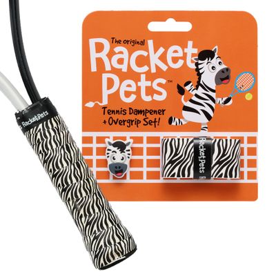 Racket Pets Kids Tennis Racket Dampener & Matching Overgrip Tape, Performance Shock Absorbing Dampener for Tennis Racket & Fun Animal Print Tennis Wrap Grip Tape (Zebra)