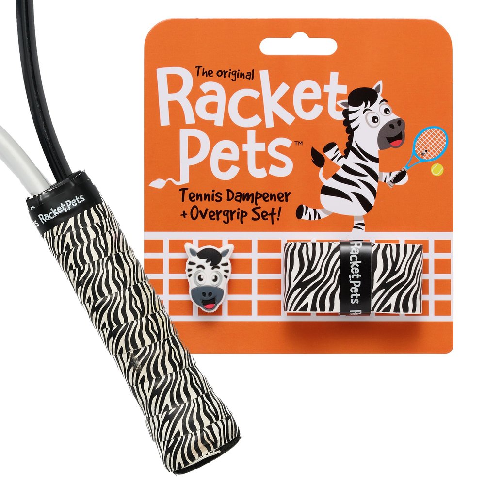 Racket Pets Kids Tennis Racket Dampener & Matching Overgrip Tape, Performance Shock Absorbing Dampener for Tennis Racket & Fun Animal Print Tennis Wrap Grip Tape (Zebra)