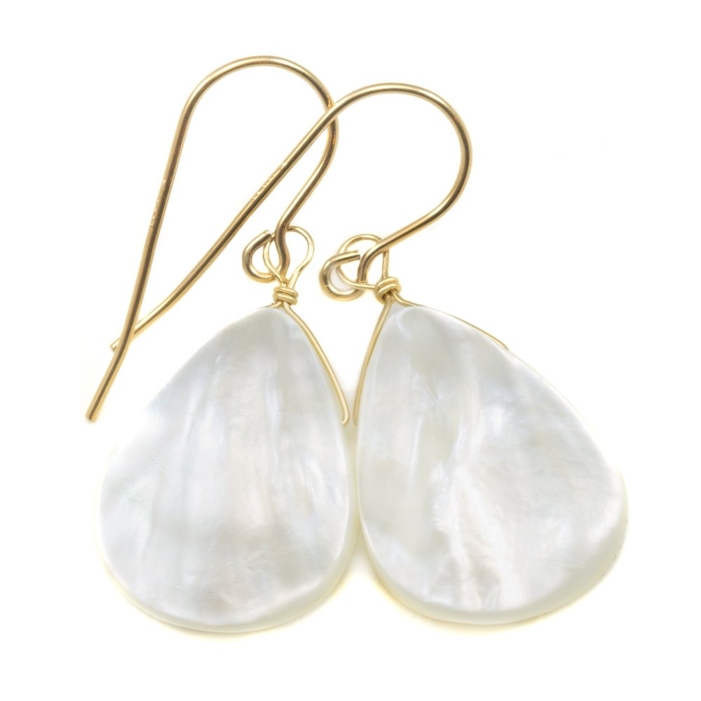 14k Yellow Gold Filled White Mother of Pearl Earrings Large Simple Teardrop MOP Drops