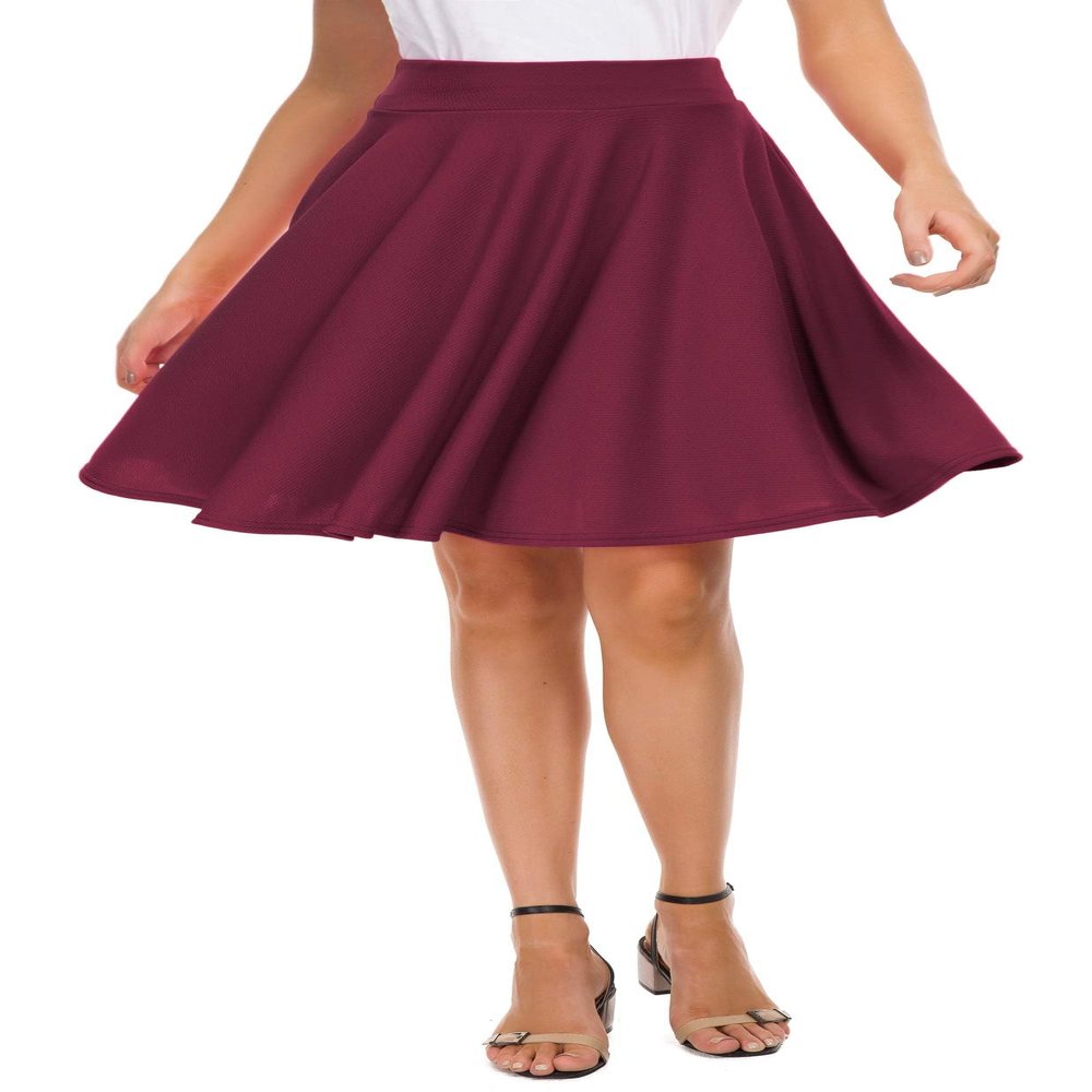 EXCHIC Women's Casual Stretchy Flared Midi Skater Skirts Basic A-Line Pleated Midi Skirt (L, Wine Red)